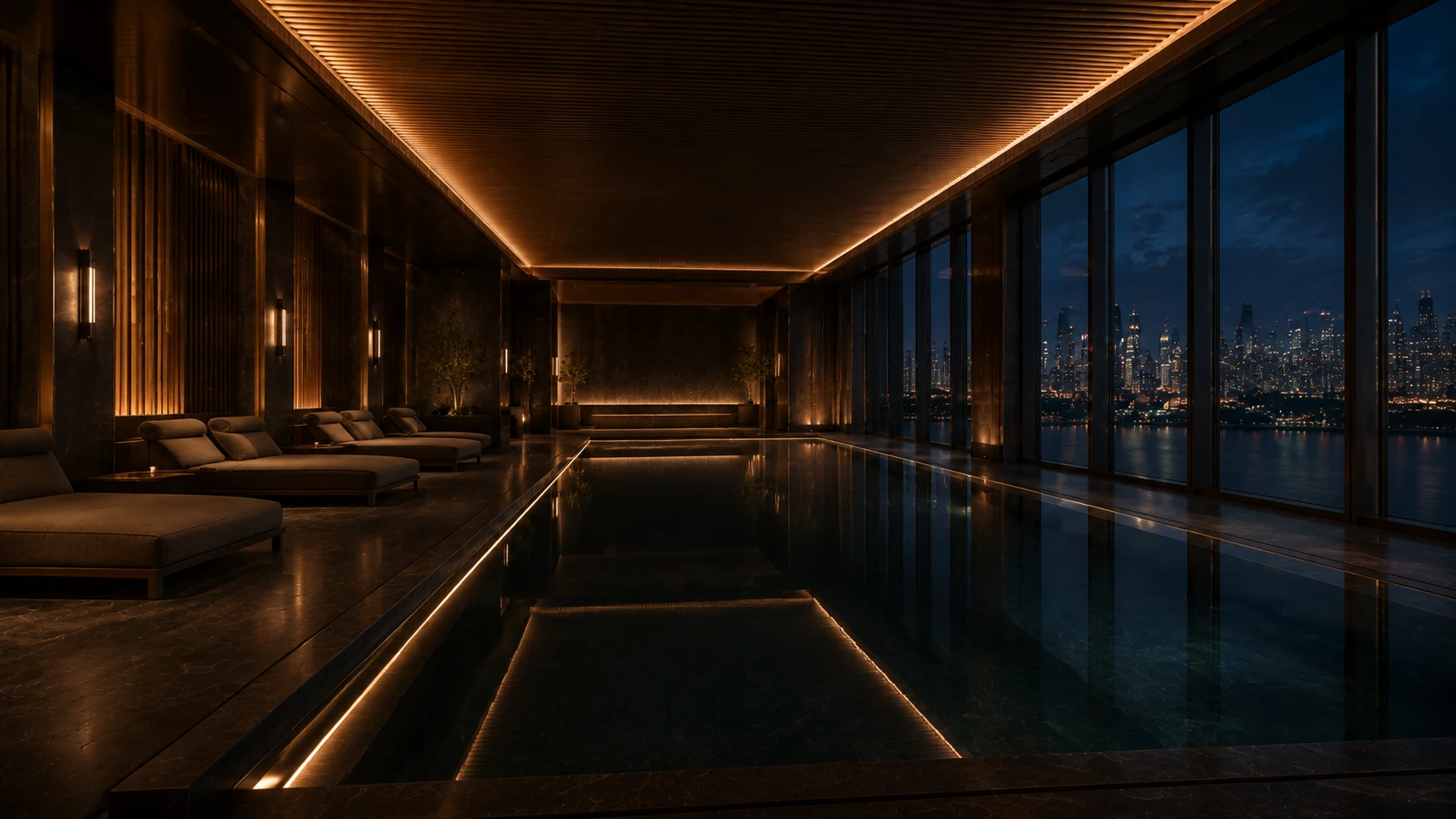 Innenliegender Spa-Pool mit Liegen und Blick auf die Skyline
